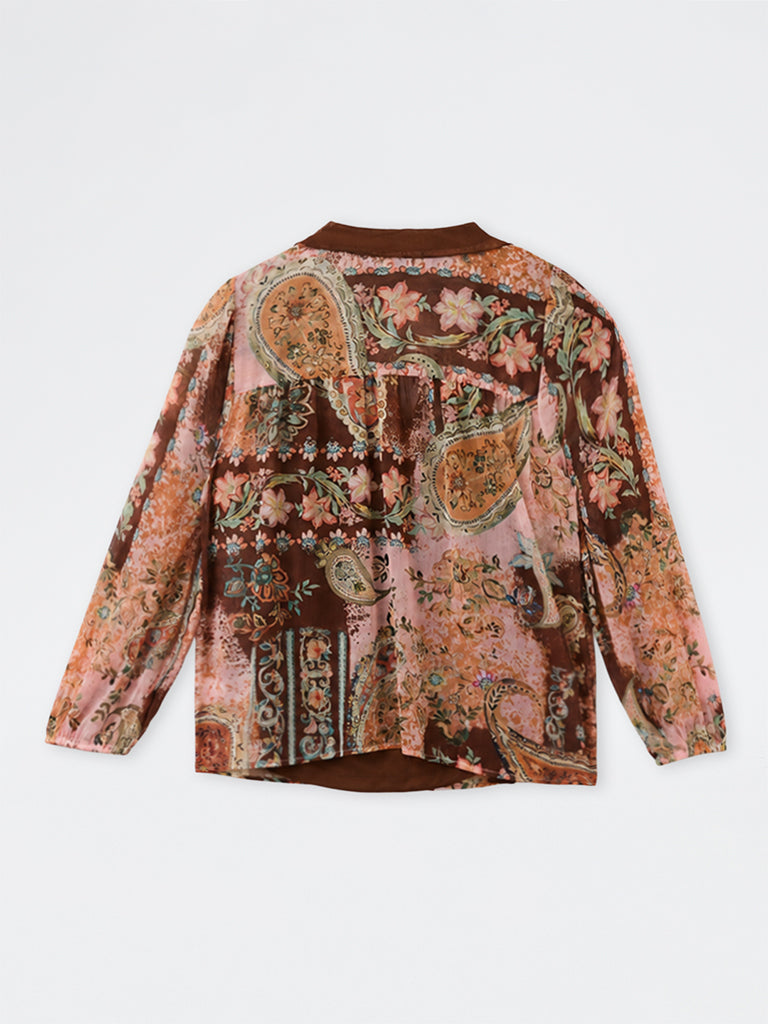 Gia Brown Printed Tie-Up Detail Blouse with Camisole