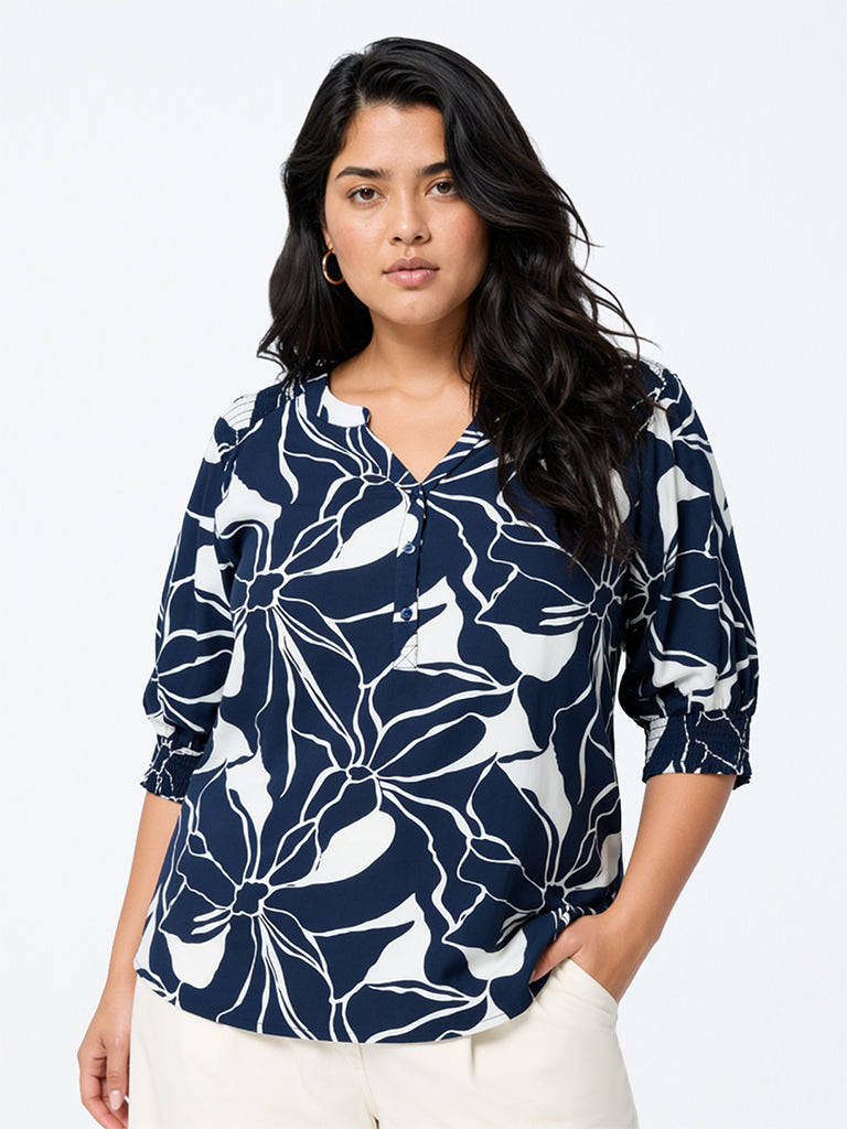 Gia Dark Blue Floral Printed Blouse