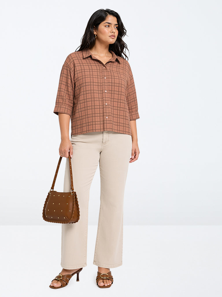 Gia Rust Checkered High-Low Shirt
