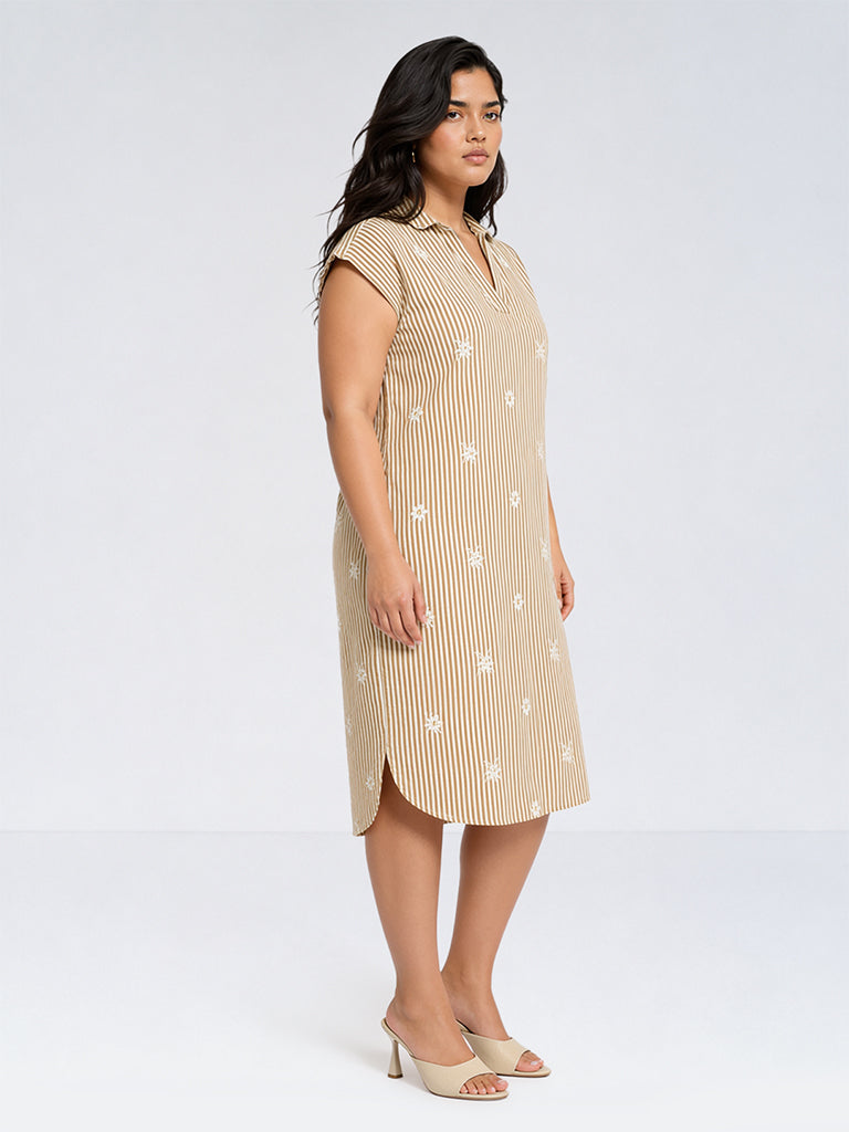 Gia Beige Striped Cotton-Blend Straight Dress