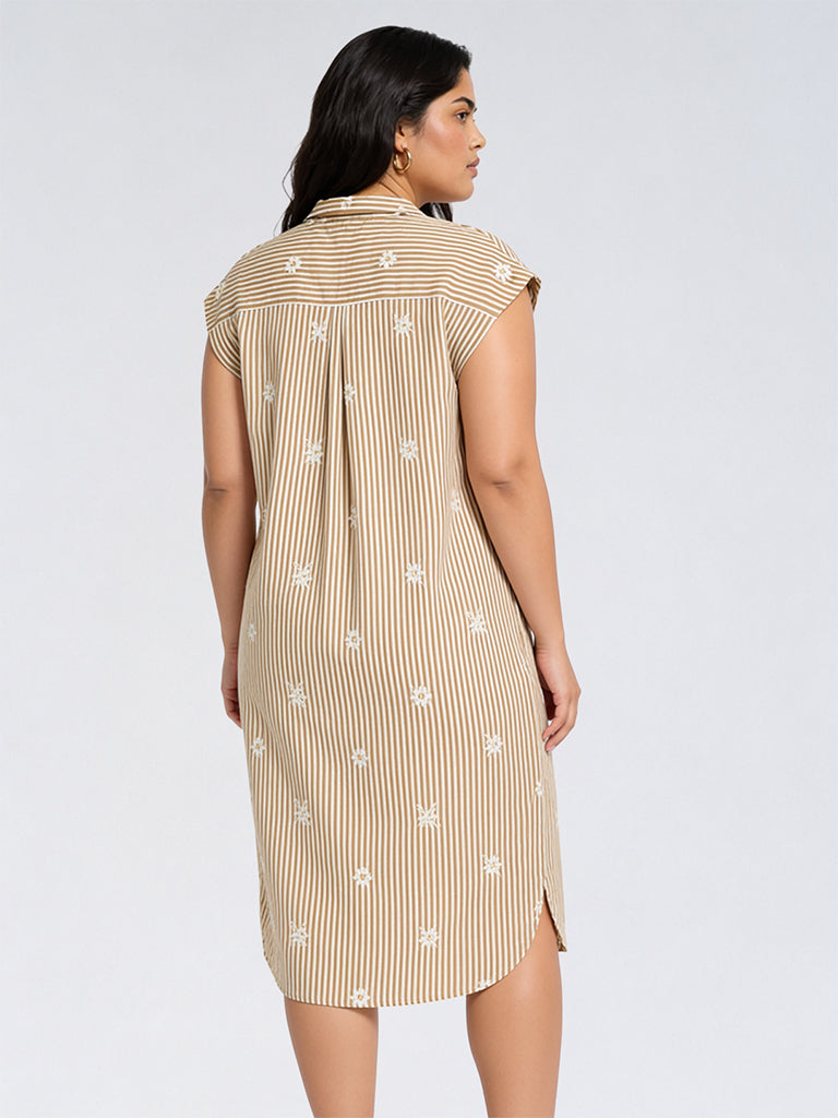 Gia Beige Striped Cotton-Blend Straight Dress
