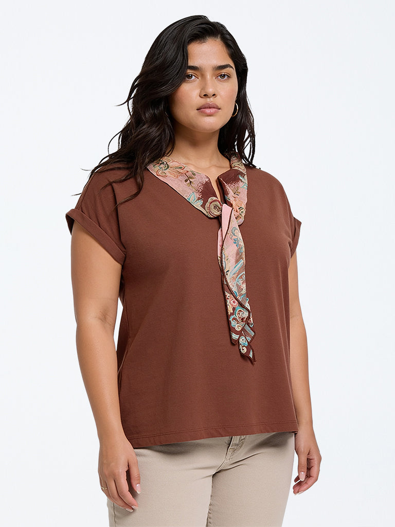 Gia Brown Scarf-Detail Cotton Top