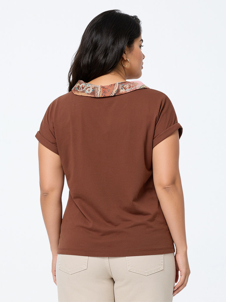Gia Brown Scarf-Detail Cotton Top