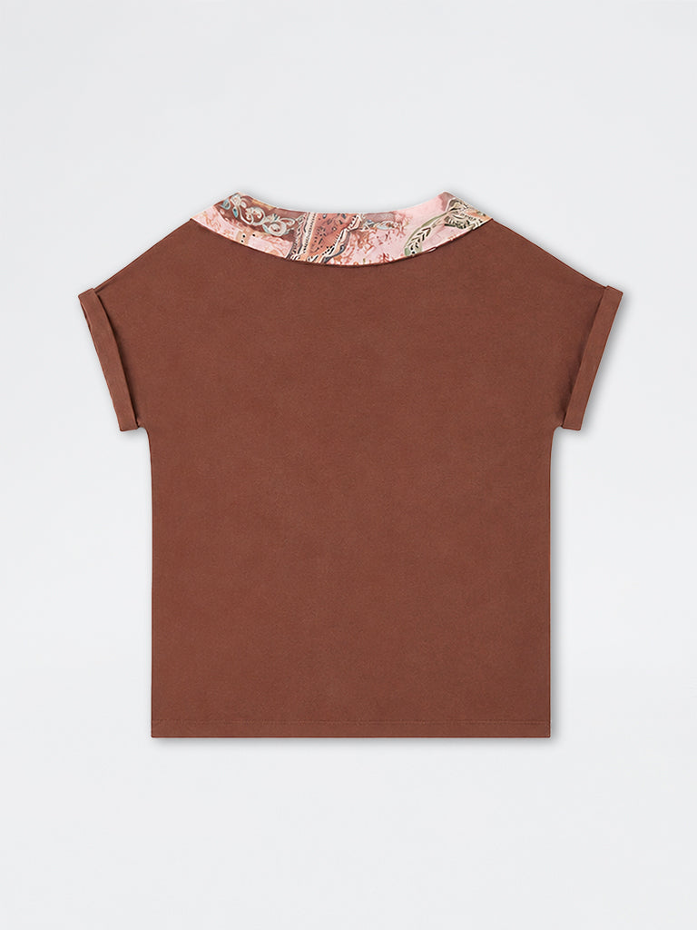 Gia Brown Scarf-Detail Cotton Top
