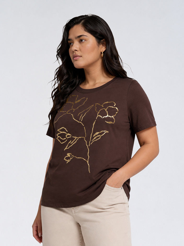 Gia Dark Brown Floral Design Cotton T-Shirt