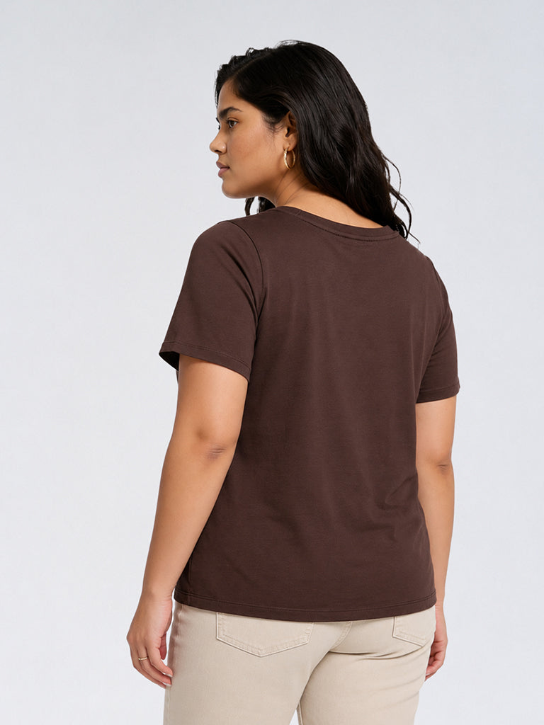 Gia Dark Brown Floral Design Cotton T-Shirt