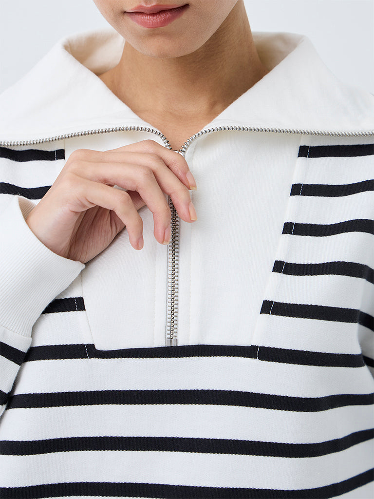 Nuoflexx White Striped Quarter-Zip Cotton Sweatshirt