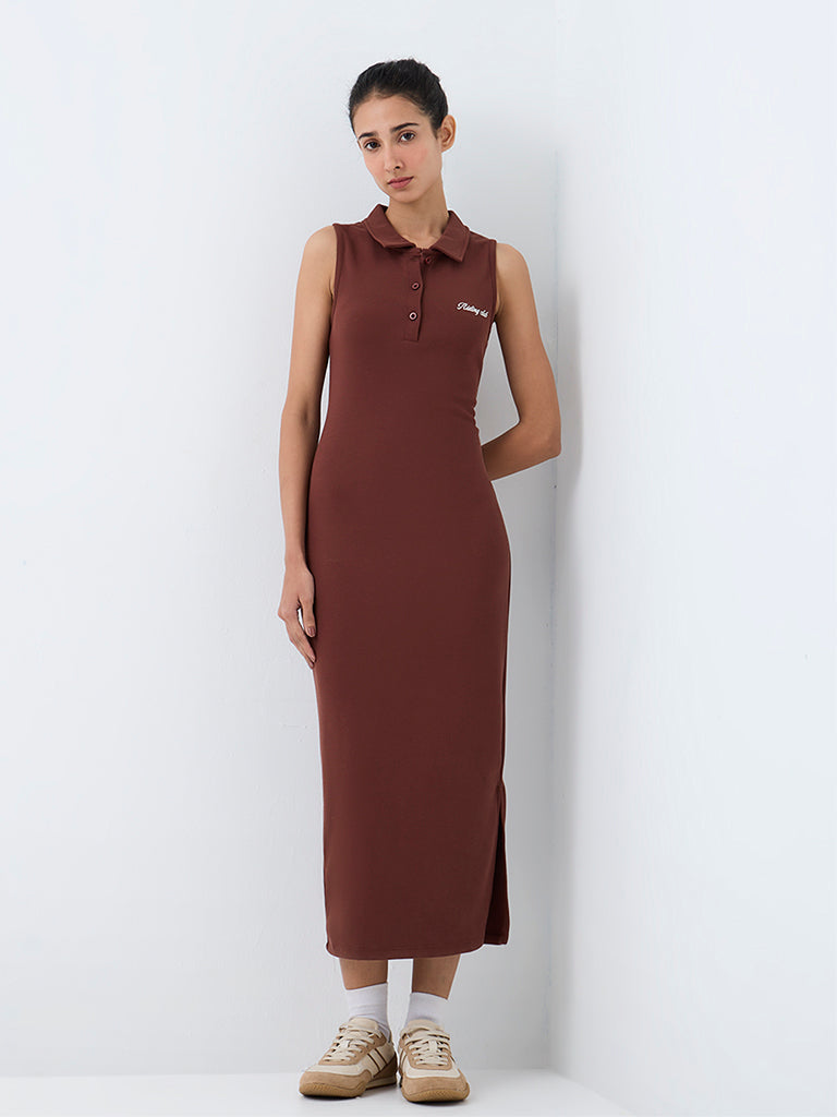 Nuoflexx Brown Text-Embroidered Bodycon Dress