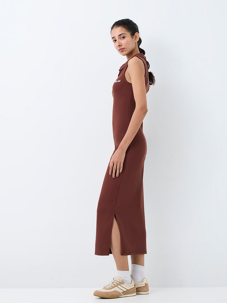 Nuoflexx Brown Text-Embroidered Bodycon Dress