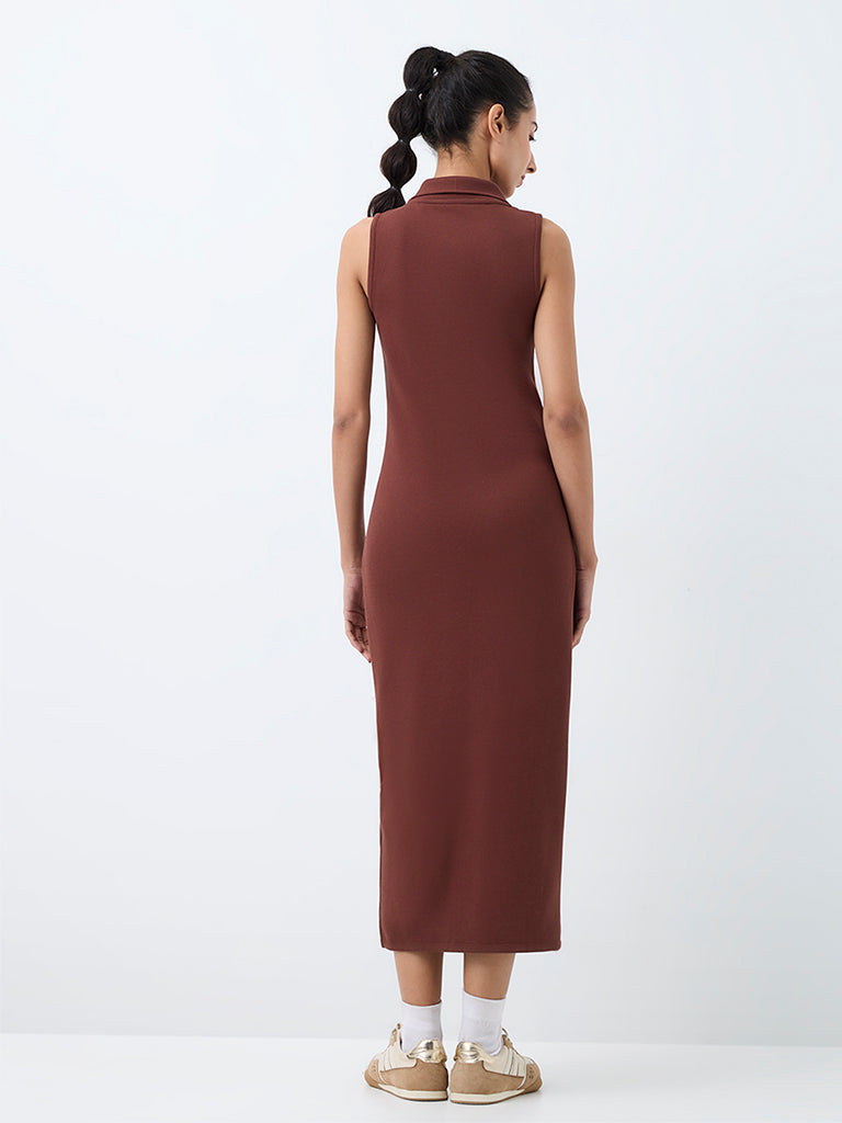 Nuoflexx Brown Text-Embroidered Bodycon Dress