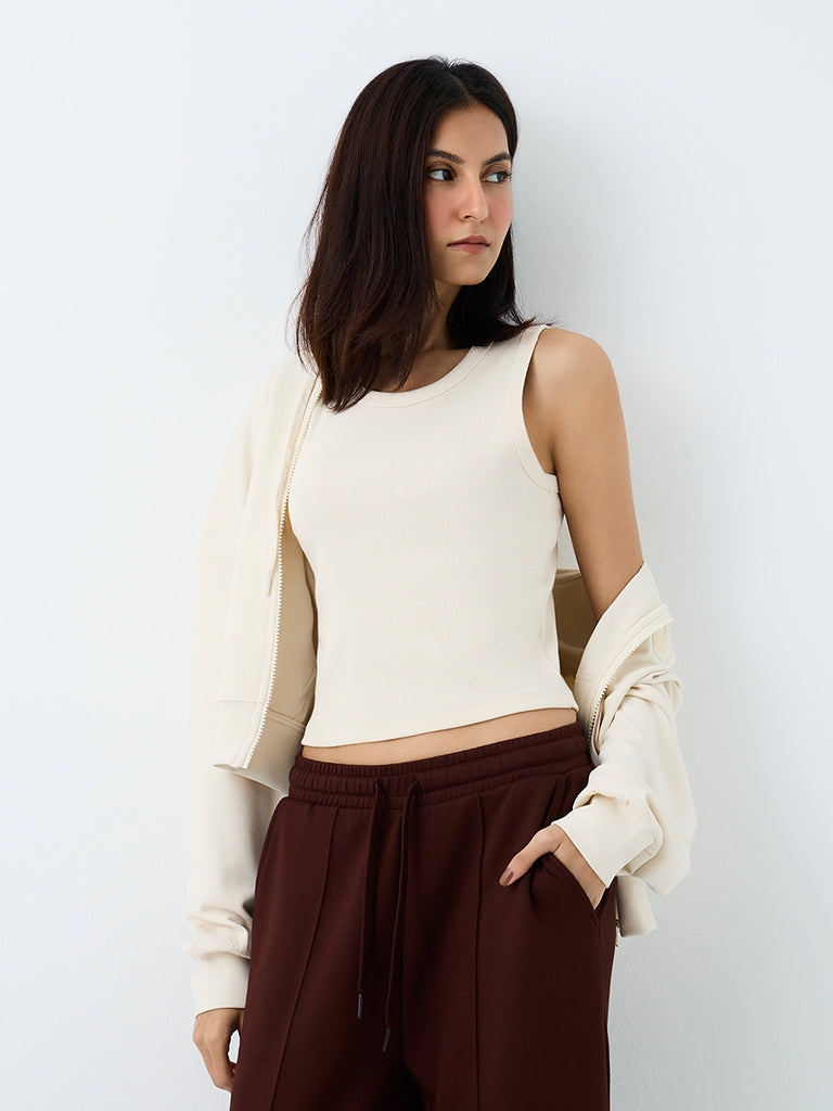 Nuoflexx Off-White Ribbed Cotton-Blend Top