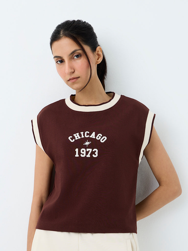 Nuoflexx Dark Brown Text Printed Cotton-Blend T-Shirt