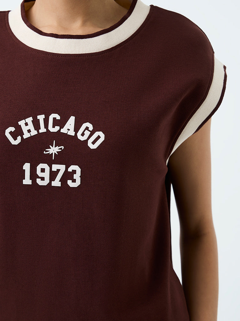 Nuoflexx Dark Brown Text Printed Cotton-Blend T-Shirt