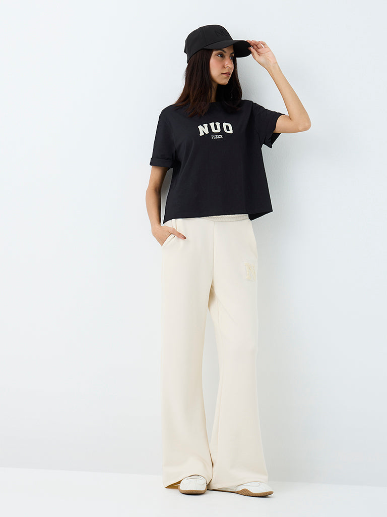 Nuoflexx Black Text-Embroidered Cotton T-Shirt