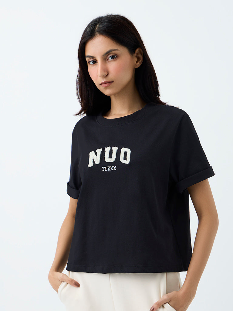 Nuoflexx Black Text-Embroidered Cotton T-Shirt
