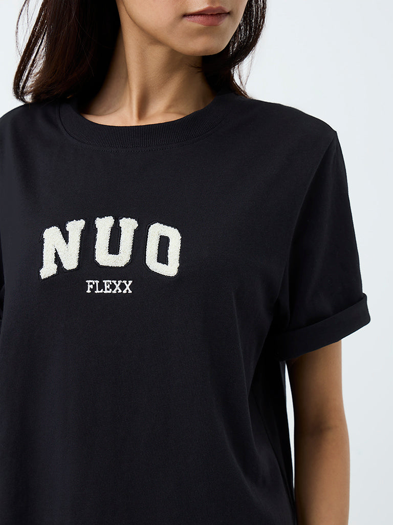 Nuoflexx Black Text-Embroidered Cotton T-Shirt
