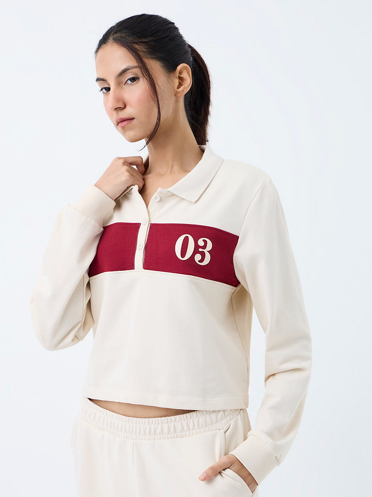 Nuoflexx Off-White Colour-Blocked Cotton Polo T-Shirt
