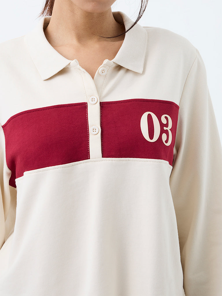 Nuoflexx Off-White Colour-Blocked Cotton Polo T-Shirt