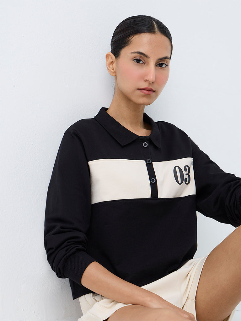 Nuoflexx Black Colour-Blocked Cotton Polo T-Shirt