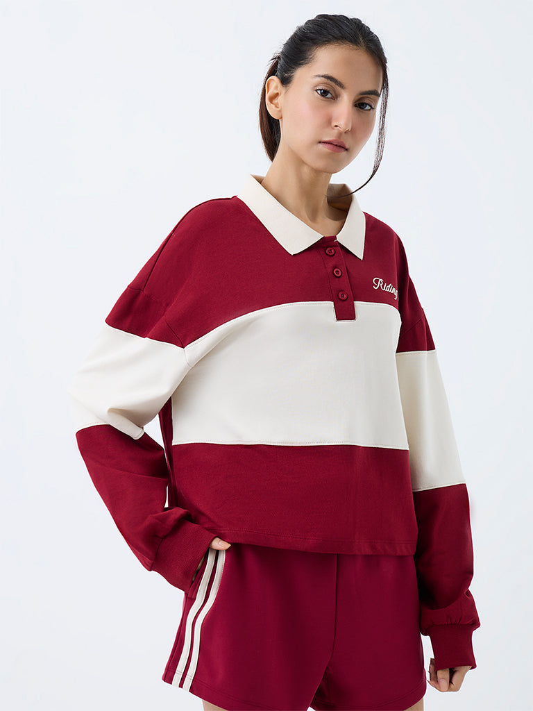 Nuoflexx Red Colour-Blocked Cotton Polo T-Shirt