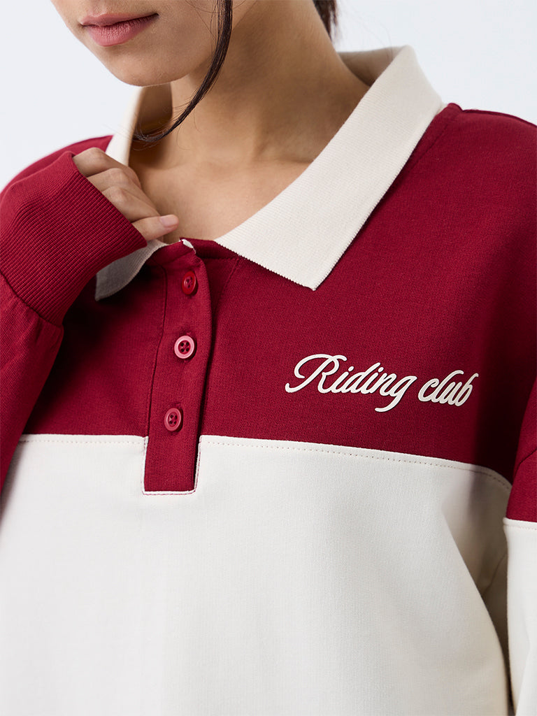 Nuoflexx Red Colour-Blocked Cotton Polo T-Shirt