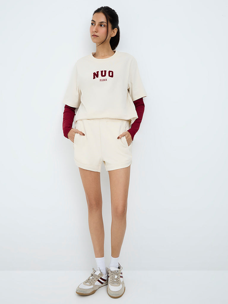 Nuoflexx Off-White Text Embroidered Cotton T-Shirt
