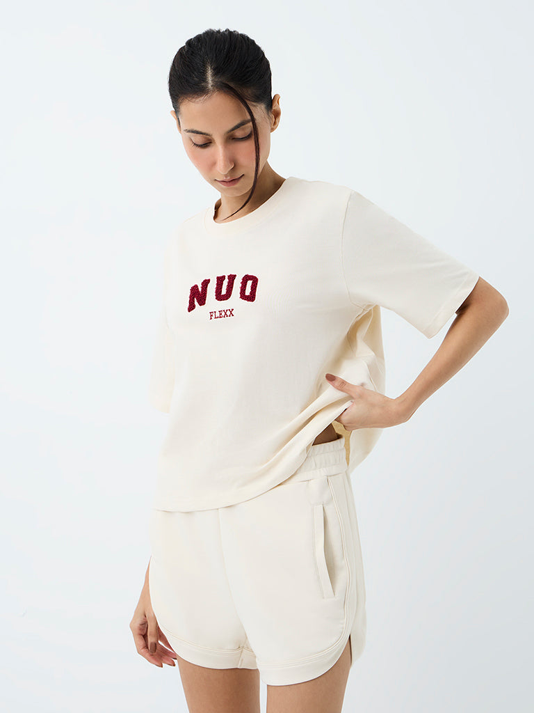 Nuoflexx Off-White Text Embroidered Cotton T-Shirt