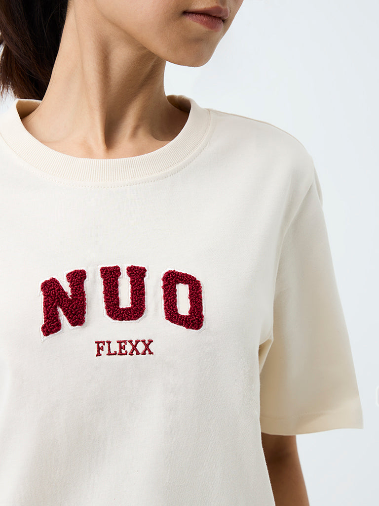 Nuoflexx Off-White Text Embroidered Cotton T-Shirt