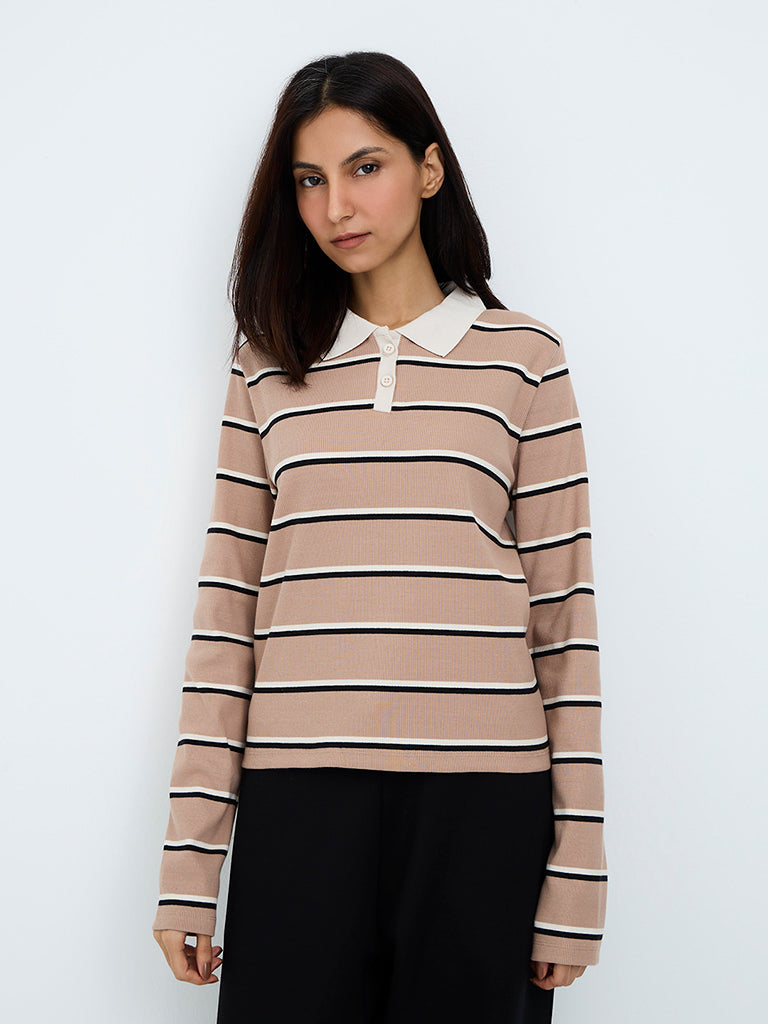 Nuoflexx Beige Striped Ribbed Cotton-Blend T-Shirt