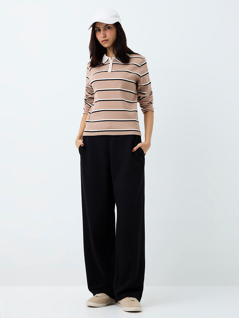 Nuoflexx Beige Striped Ribbed Cotton-Blend T-Shirt