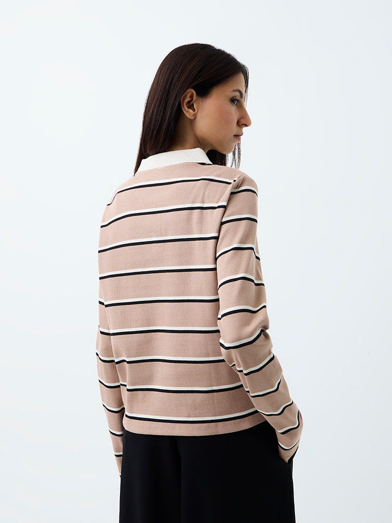 Nuoflexx Beige Striped Ribbed Cotton-Blend T-Shirt
