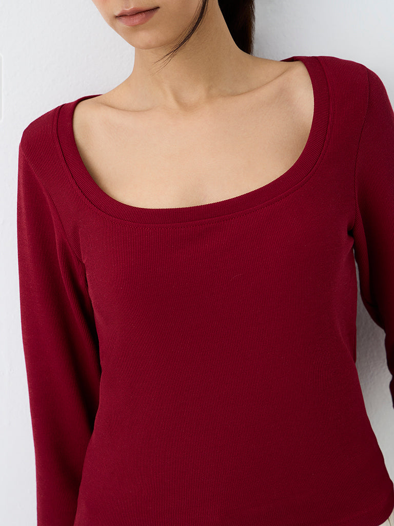 Nuoflexx Red Ribbed-Textured T-Shirt