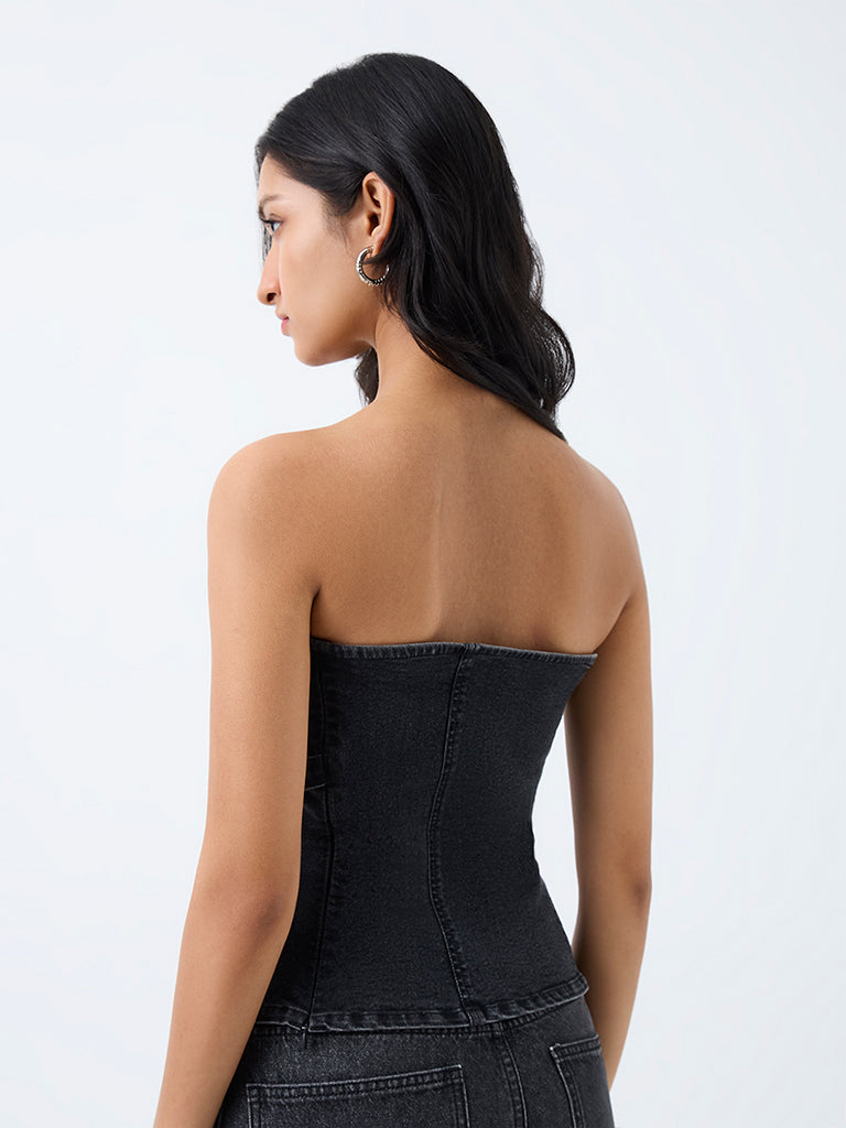 Nuon Charcoal Washed Belt-Detail Denim Tube Top