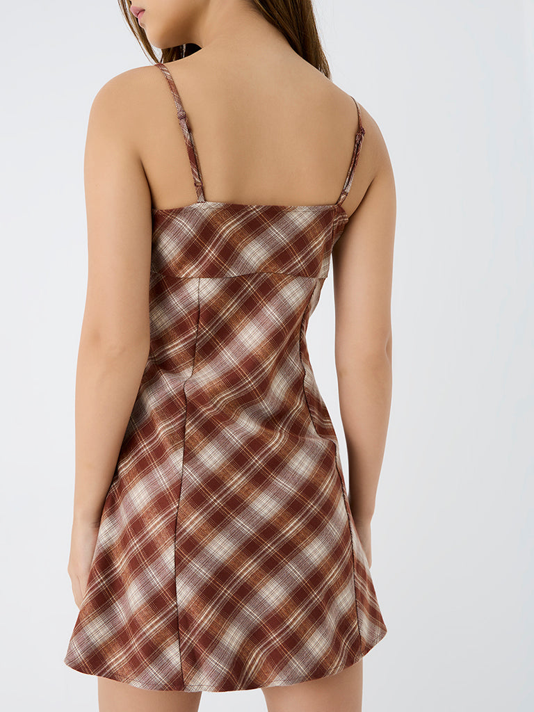 Nuon Brown Plaid Checks A-Line Dress