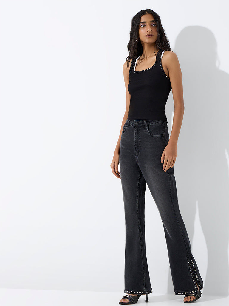Nuon Black Stud-Detailed High-Rise Bootcut Jeans
