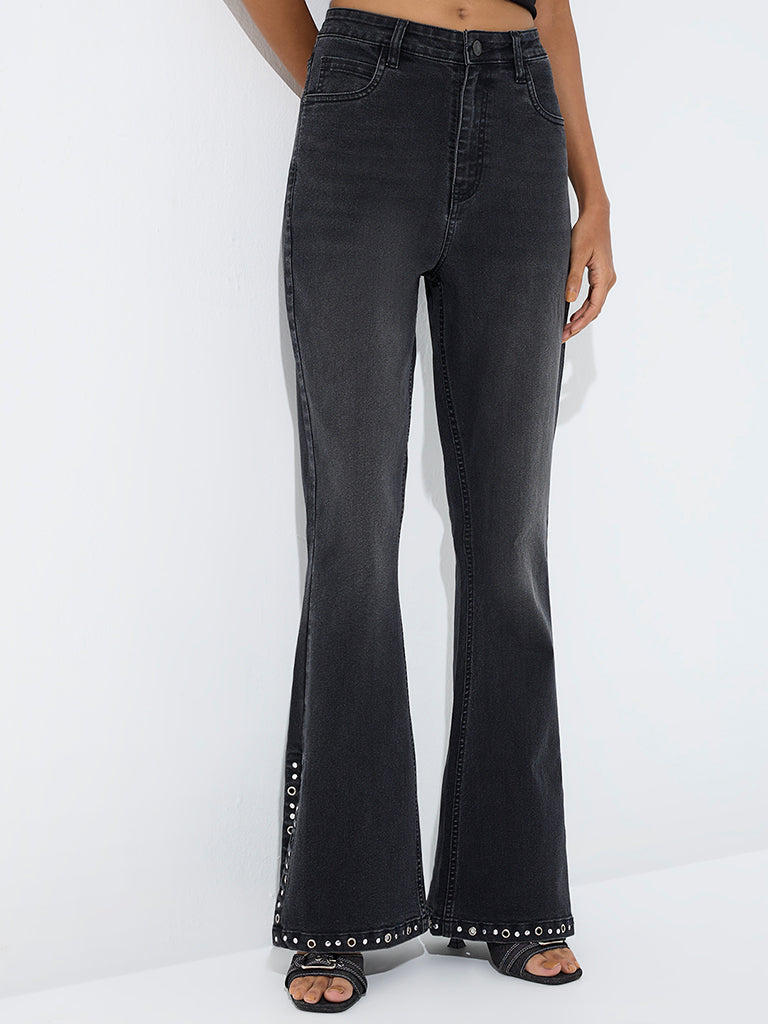 Nuon Black Stud-Detailed High-Rise Bootcut Jeans