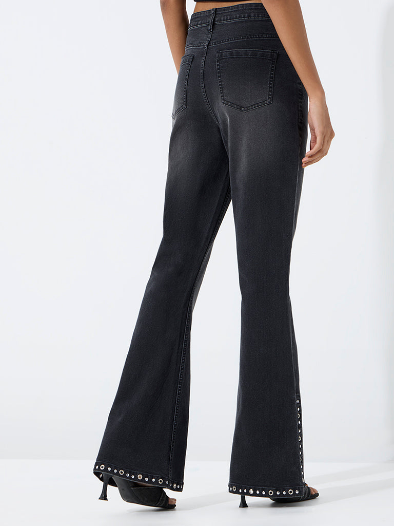Nuon Black Stud-Detailed High-Rise Bootcut Jeans