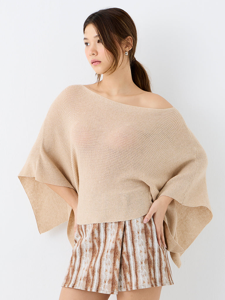 Nuon Light Beige Knit-Textured Cape Top