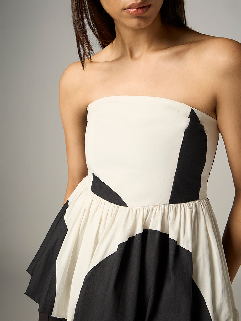 Wardrobe Ivory Colour-Blocked Peplum Cotton Top