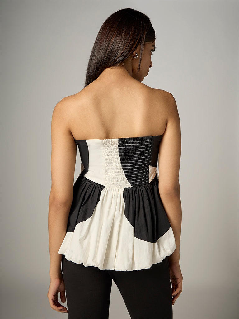 Wardrobe Ivory Colour-Blocked Peplum Cotton Top
