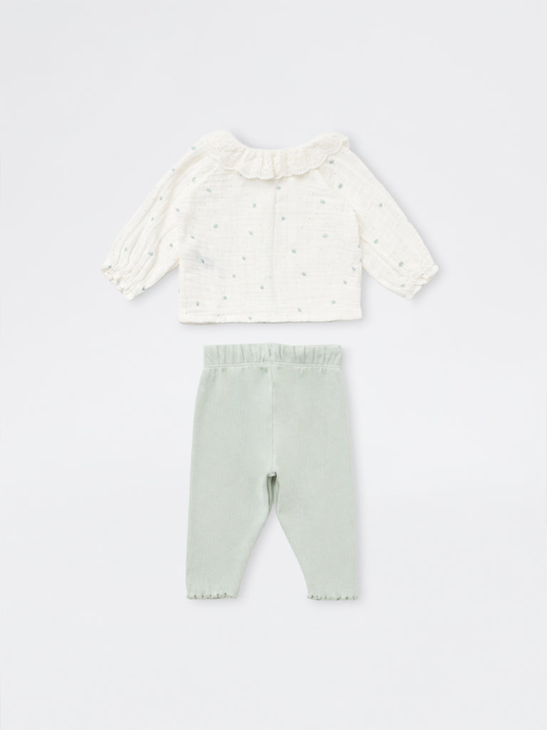 HOP Baby Girls White Floral Embroidered Cotton Top and Pants Set