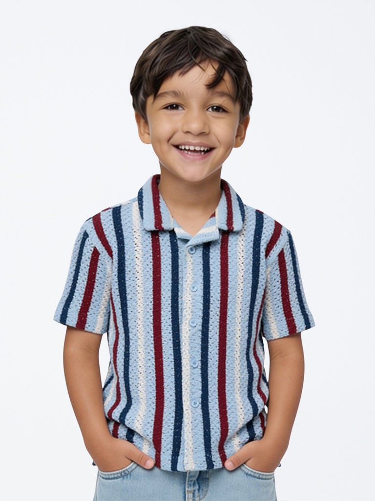 HOP Kids Boys Blue Striped Knitted Cotton-Blend Shirt
