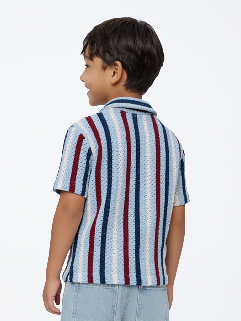HOP Kids Boys Blue Striped Knitted Cotton-Blend Shirt