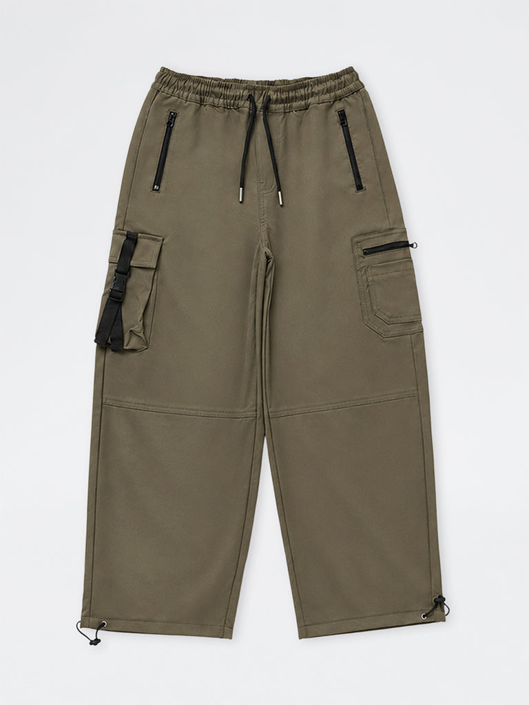 Boys Dark Olive Mid-Rise Cargo Pants