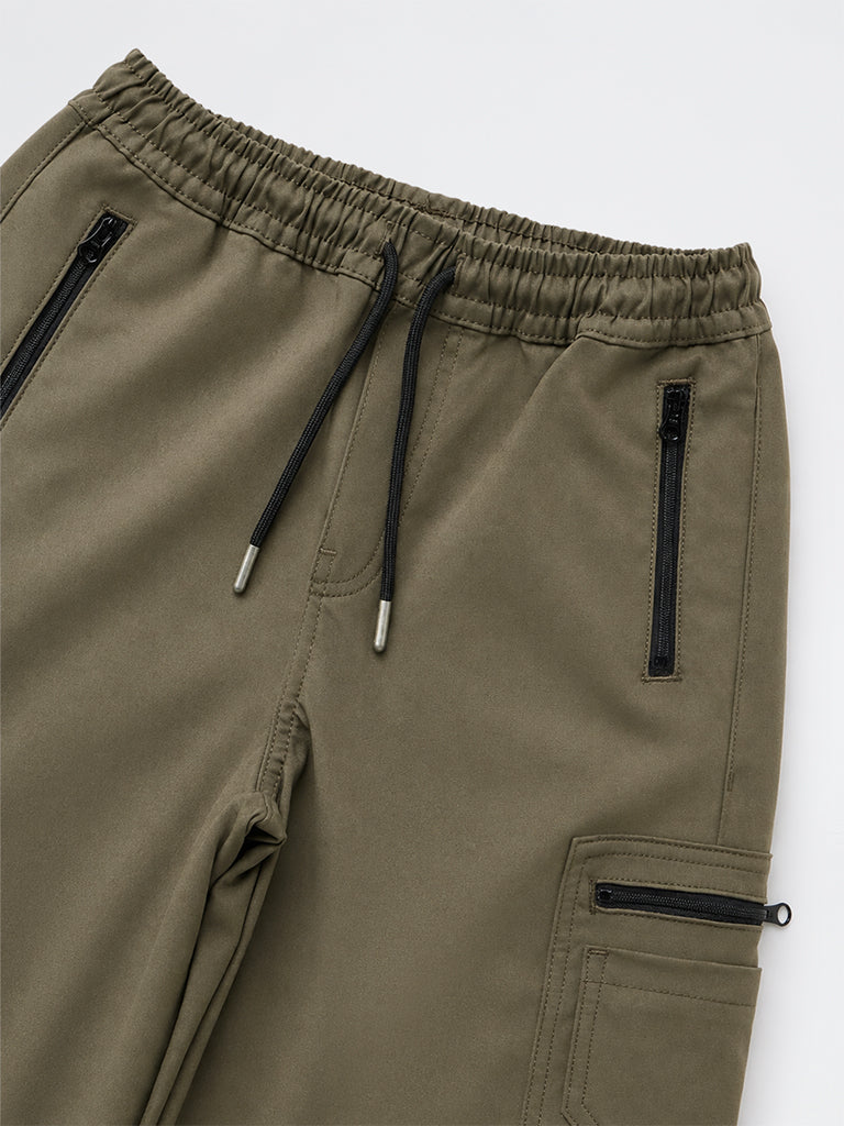 Boys Dark Olive Mid-Rise Cargo Pants