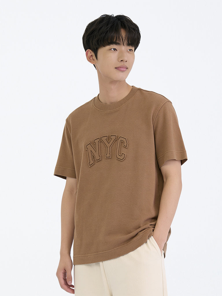 Boys Brown Text Embossed Cotton T-Shirt