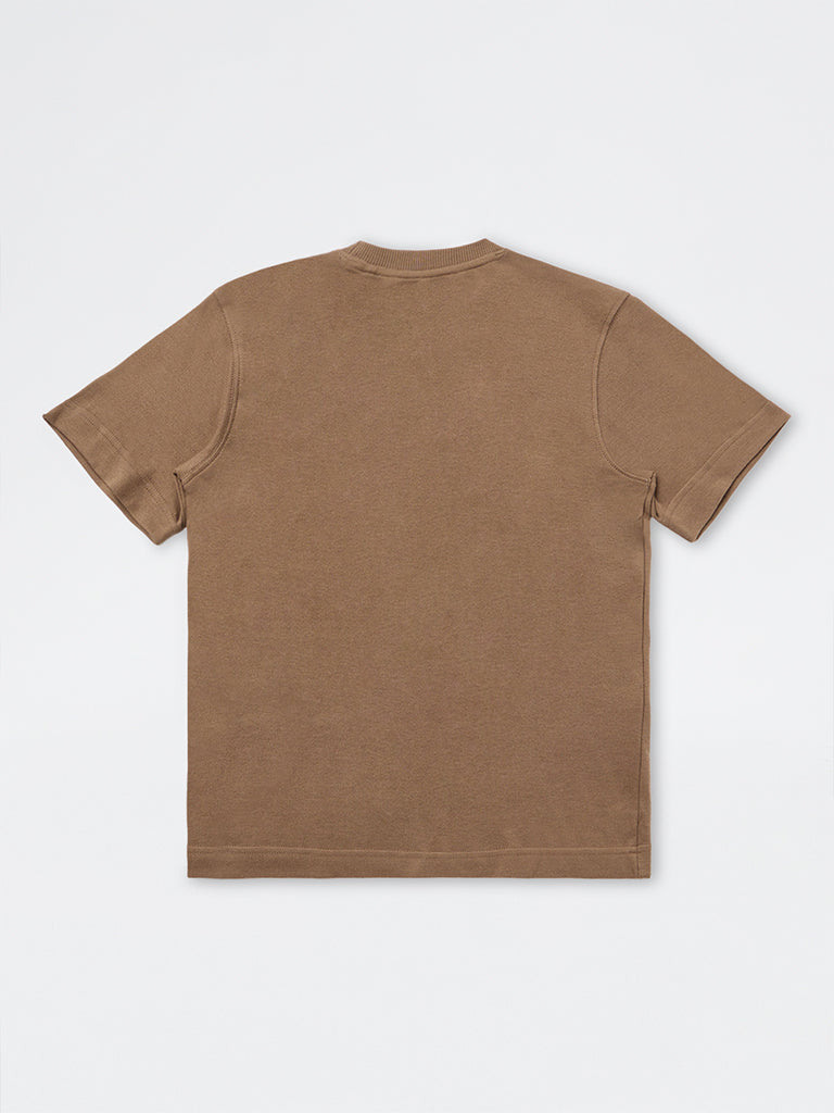 Boys Brown Text Embossed Cotton T-Shirt