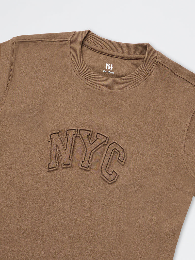 Boys Brown Text Embossed Cotton T-Shirt