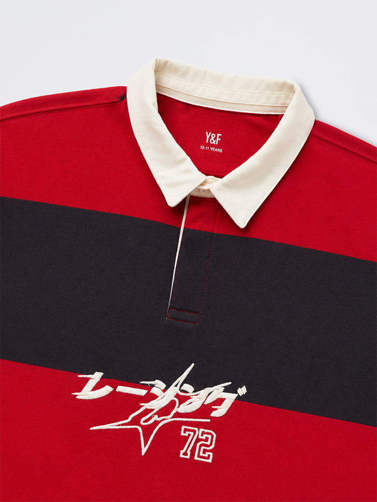 Boys Red and Black Striped Cotton Polo T-Shirt