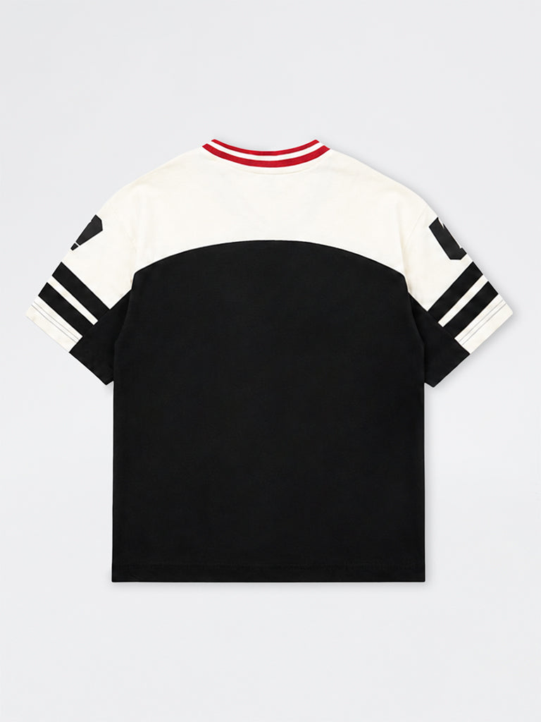 Boys Black Colour-Blocked Cotton T-Shirt
